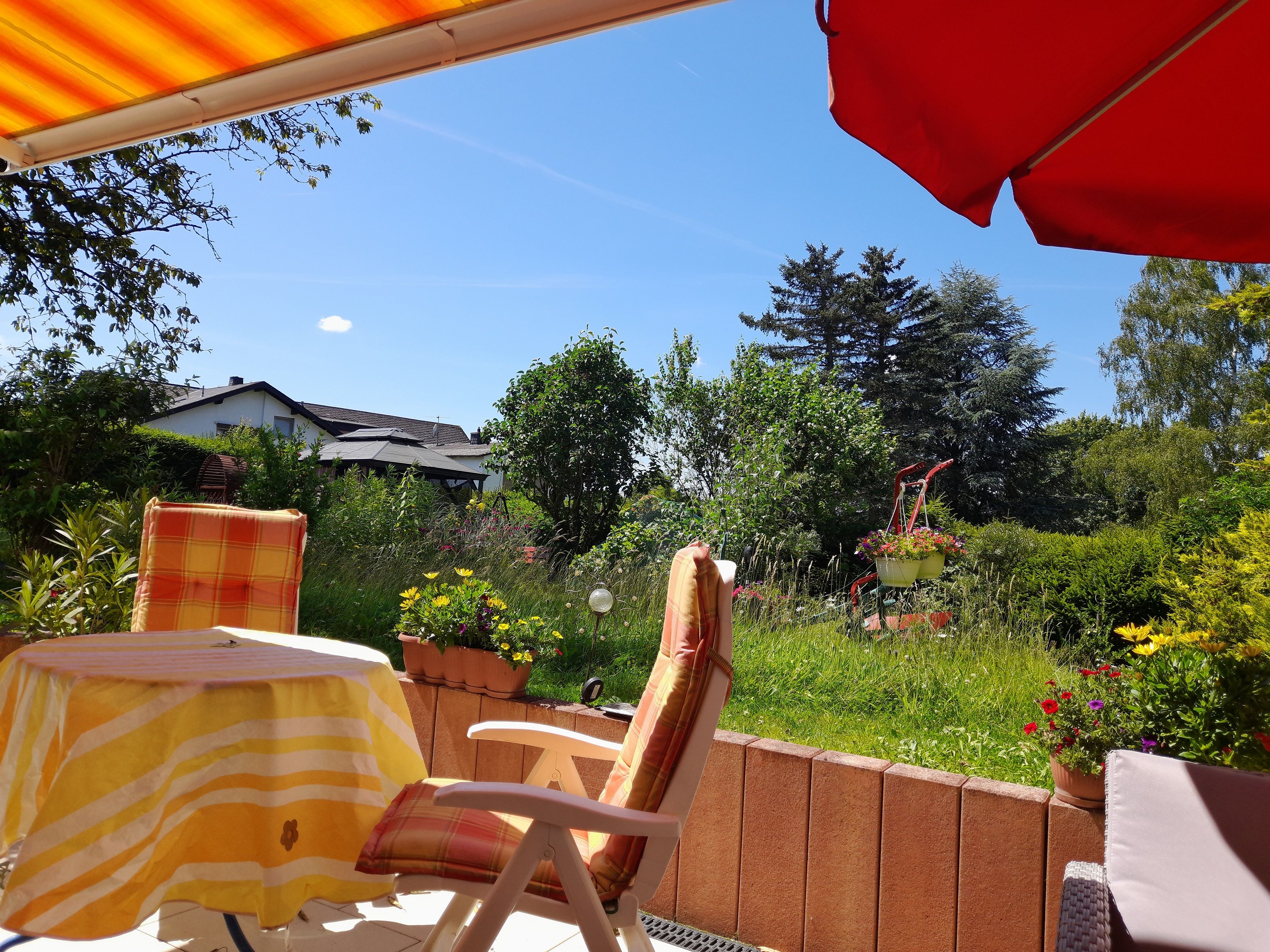 malerischer Blick von der Terrasse in den Garten